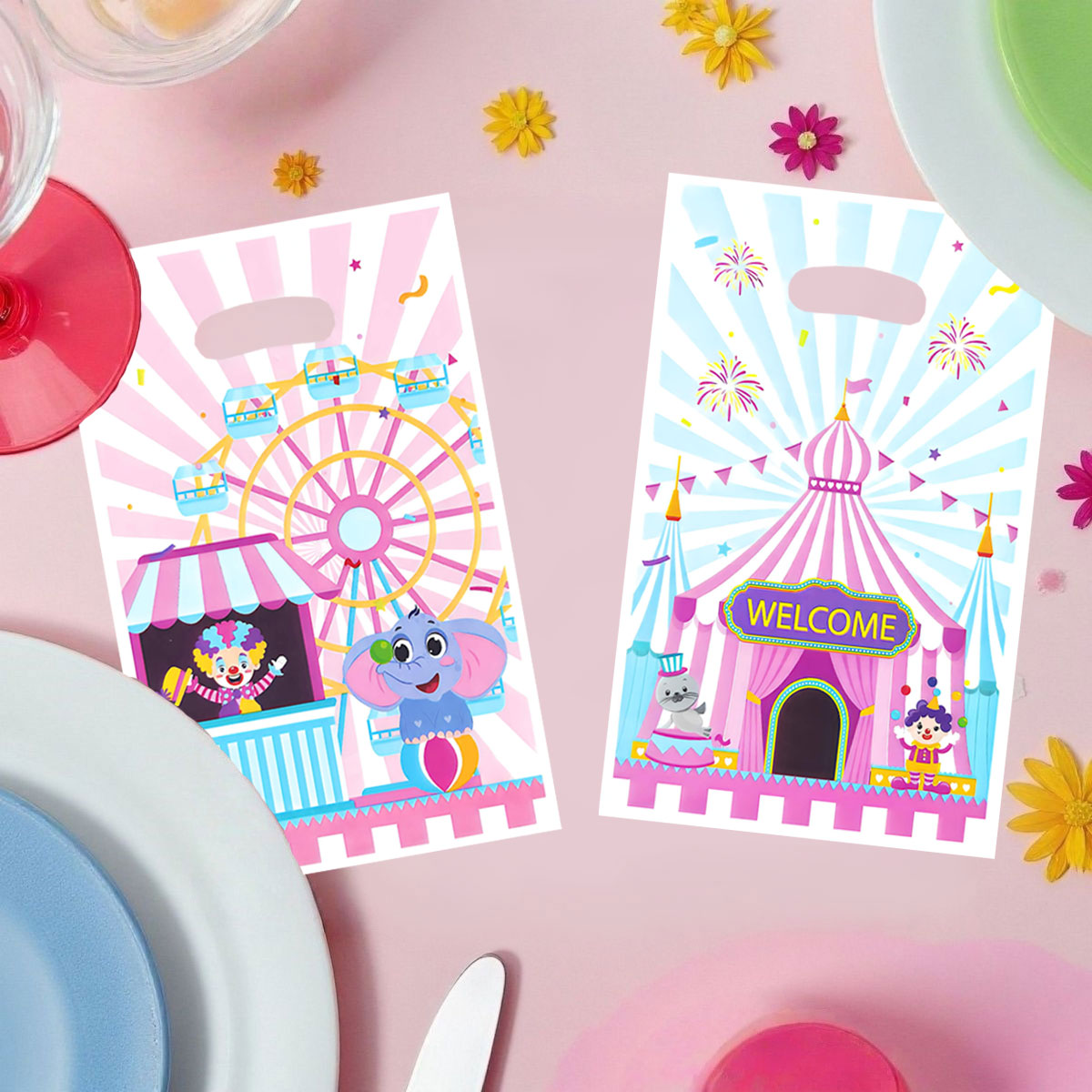 Party Event Supply Store - ถุงของขวัญสำหรับงานปาร์ตี้ 20 ชิ้น/40 ชิ้น ถุงของขวัญที่มีธีมสวนสนุกและละครสัตว์ พร้อมลายตัวตลกและช้าง