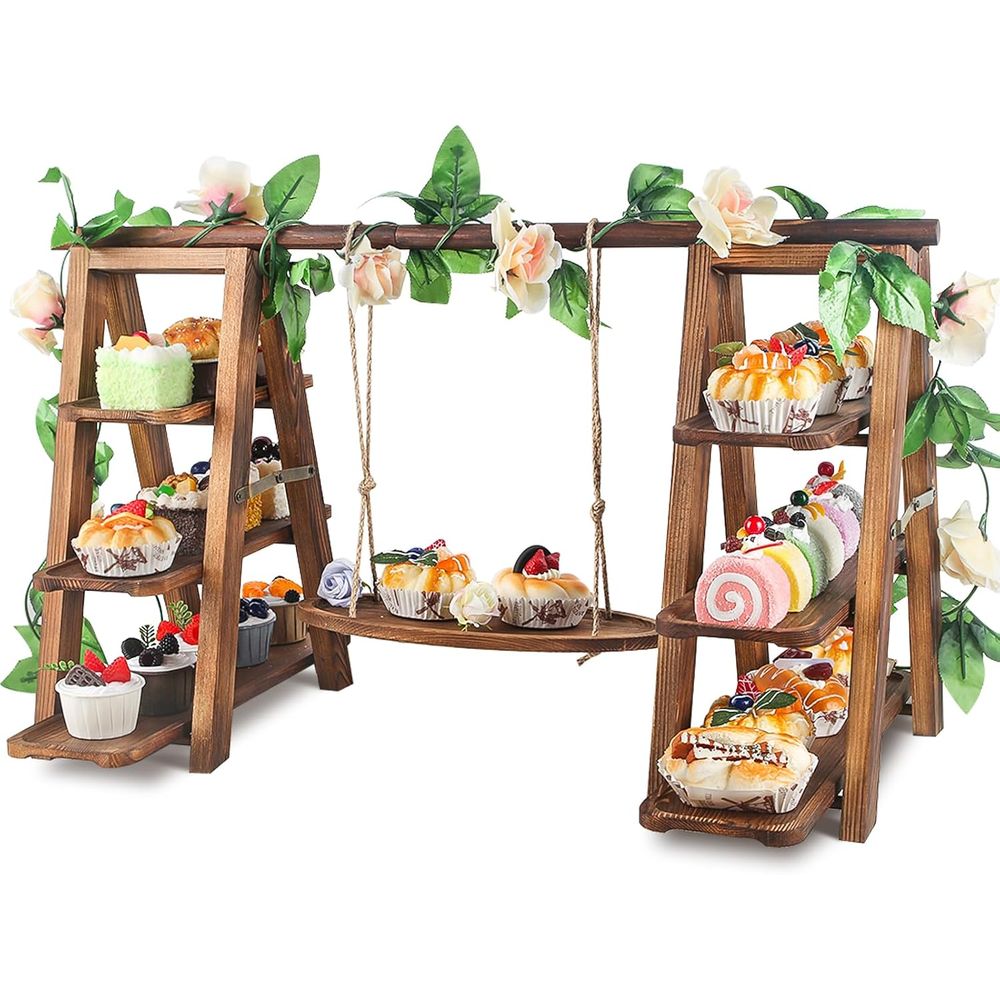 Cupcake Stand Tier - ชั้นวางคัพเค้ก 3 ชั้น พร้อมขาตั้งแบบแกว่ง ตกแต่งด้านล่าง ถาดถอดออกได้