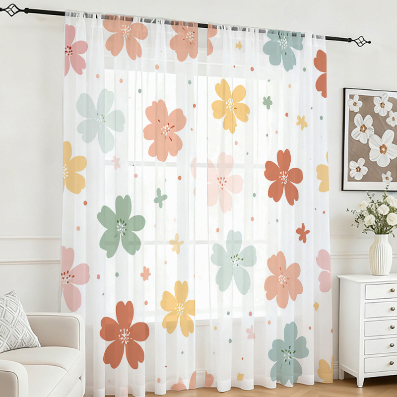 Flower Wall Panel - ผ้าม่านโปร่งแสงพิมพ์ลายดิจิตอล 2 ชิ้น ลายดอกโคลเวอร์สี่แฉกหลากสีสัน สดใส น่ารัก