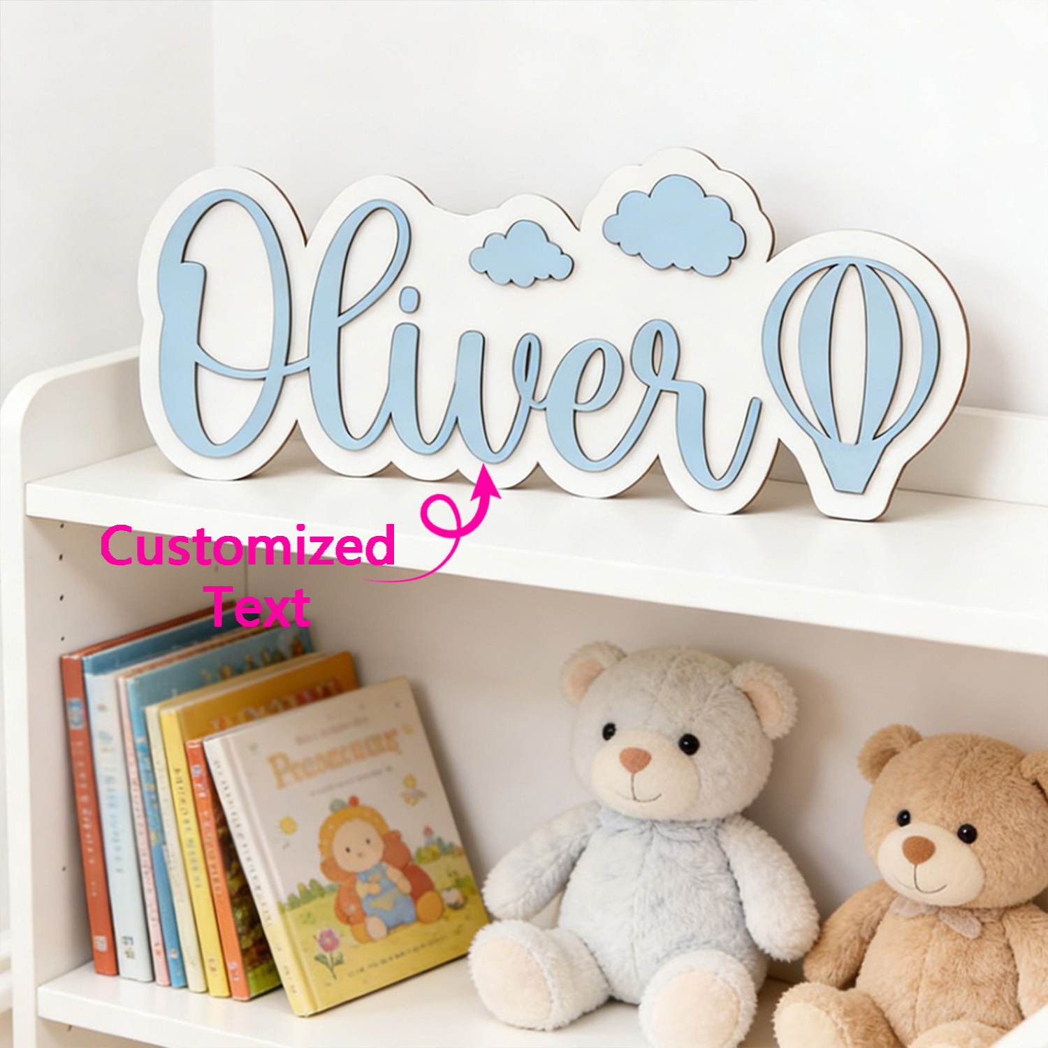 Eve Party - ป้ายชื่อห้องรูปบอลลูนลมร้อนและเมฆแบบปรับแต่งได้, ป้ายไม้สีฟ้าพาสเทลที่สามารถปรับแต่งได้, ของตกแต่งห้องนอนเด็ก, ของขวัญแสนหวาน