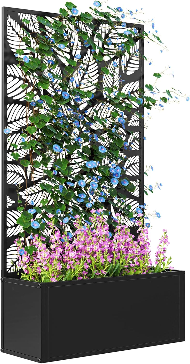 Flower Wall Panel - แปลงปลูกผักยกพื้นทำจากโลหะพร้อมโครงตาข่ายสำหรับปลูกไม้เลื้อย สามารถตั้งพื้นหรือติดผนังได้ พร้อมแผงกั้นเพื่อความเป็นส่วนตัว กระถางปลูกต้นไม้กลางแจ้งลายฉลุใบไม้ขนาดเล็ก สำหรับสวน ระเบียง