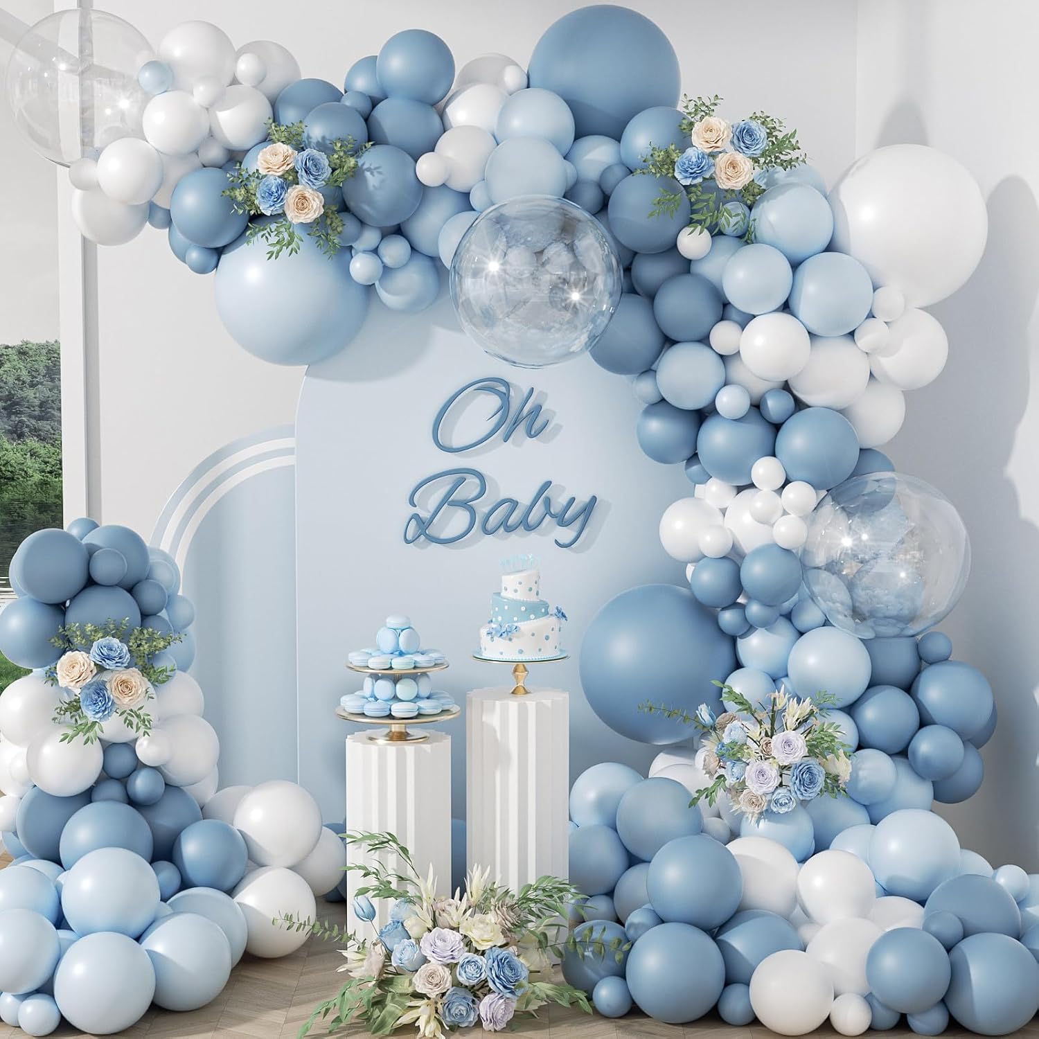 Balloon Arch Kit - ชุดตกแต่งซุ้มลูกโป่งสีฟ้าหม่น 105 ชิ้น ชุดลูกโป่งสีฟ้าพาสเทล ขาว ใส