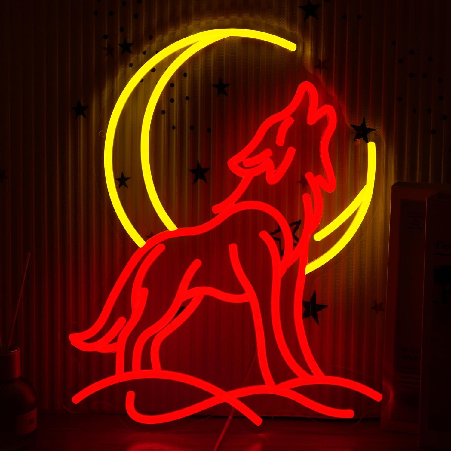 Neon Sign Party - ป้ายไฟนีออนรูปหมาป่าร้องเสียง พร้อมไฟ LED ปรับความสว่างได้ ตกแต่งด้วยดวงจันทร์ เหมาะสำหรับห้องนอน